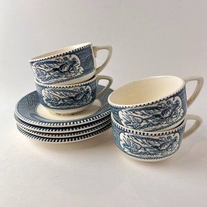 Vintage Currier and Ives bue and white cups and saucers set of 4